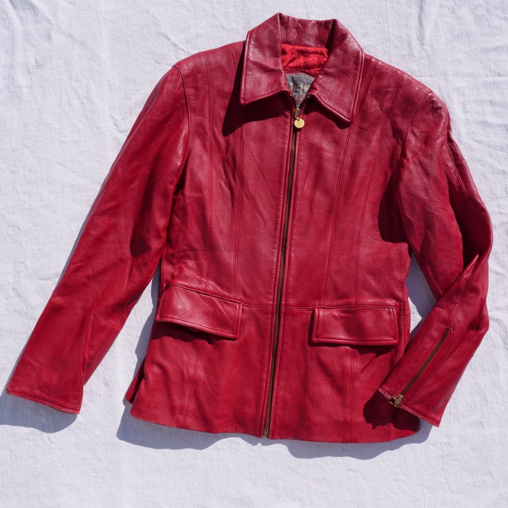 Vintage 90s Blueline & Company red leather zip up fitted blazer